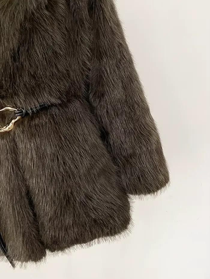 Manteau en fausse fourrure écologique pour femme, nouveau modèle chaud, avec ceinture, noir, veste moelleuse, vêtement d'extérieur en fausse fourrure, collection printemps