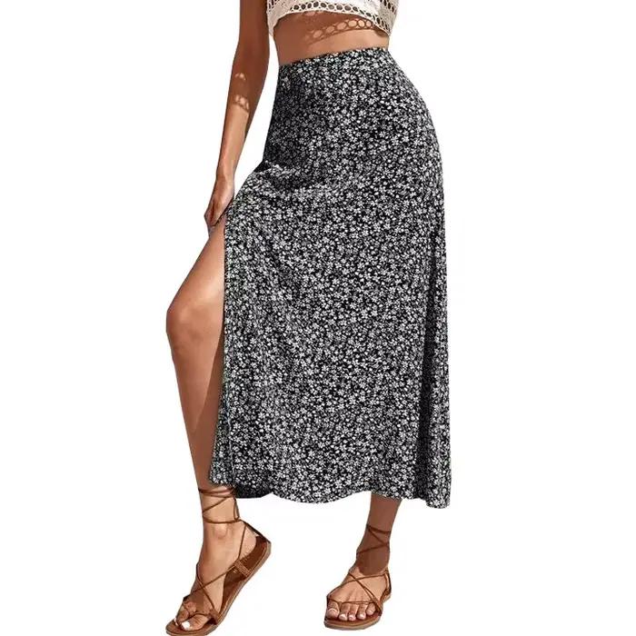 Jupe longue à imprimé floral polyestère mousseline taille haute ourlet fente tenue d'été décontractée ligne a hanches sexy slim chic nouvelle collection 2022