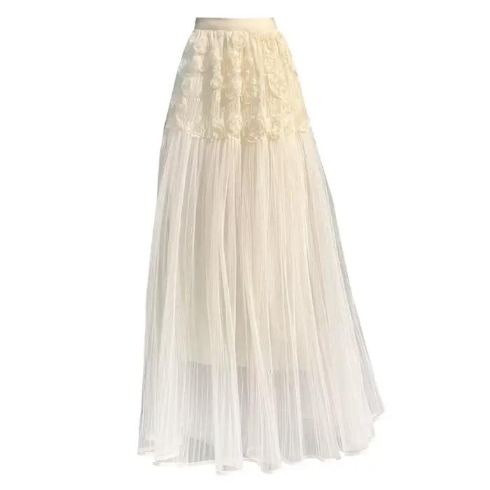 Jupe mi-longue à volants en abricot Printemps-Été 2026, Jupes élégantes et douces en maille florale pour femmes, Jupe trapèze transparente à taille haute tendance