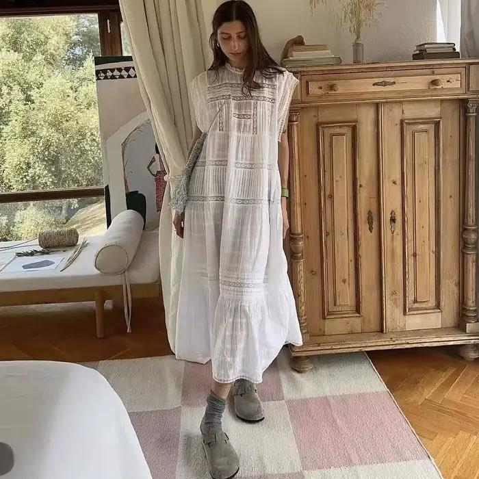 Robe midi noire en coton avec dentelle guipure, robe femme, nouvelle robe bohème d'été