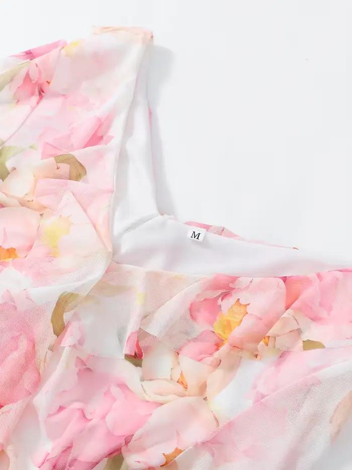 Robe longue élégante à imprimé floral pour femme, col en V, taille haute, en mousseline de soie, avec volants et fente, Vestidos 2026, Robes de soirée et de tous les jours pour femme