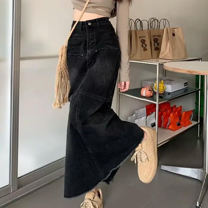 Jupe en jean taille haute noire Goghvinci pour femmes style rétro ajustement loose四季高vinci女士高腰牛仔裙黑色复古宽松版