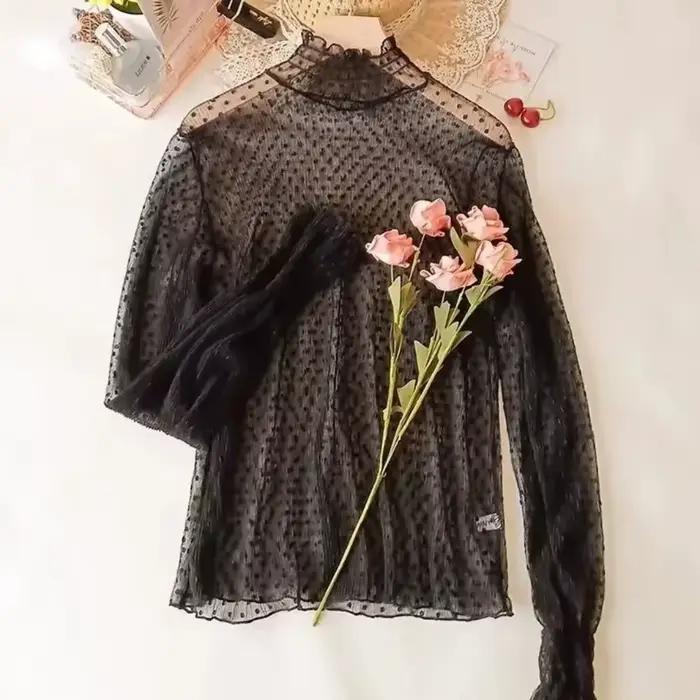 Femmes Sexy à manches longues voir à travers maille T-Shirts Transparent dentelle Blouse hauts