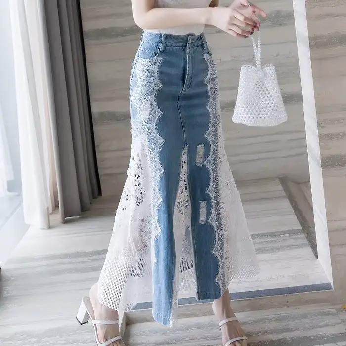 TIYIHAILEY Jupe longue maxi en jean et dentelle style sirène taille haute pour femme S-XL