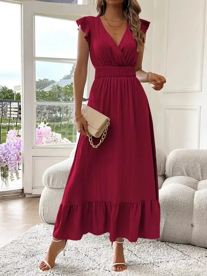 Robe longue d'été pour femmes à manches courtes, volants, sexy, élégante, col en V, robe maxi pour les vacances