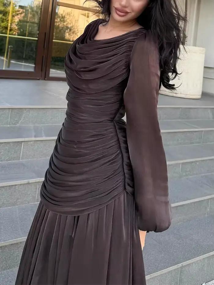 Robe longue unie drapée pour femme, collection 2026, décontractée, pour le quotidien, avec taille ajustée, élégante, col rond, manches longues, pour soirée