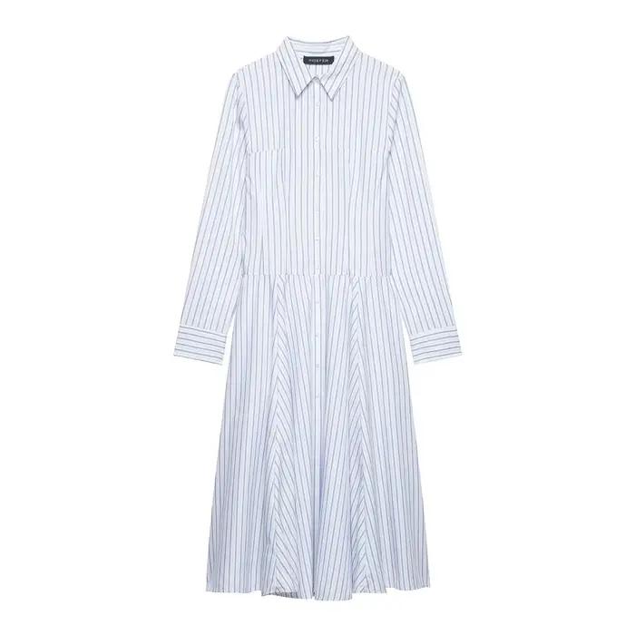 Robe midi style chemise rayée SAW Independent Station Nouvelle Arrivée Élégante Streetwear Polyester Manches Longues Col Polo Coupe A-Lin...