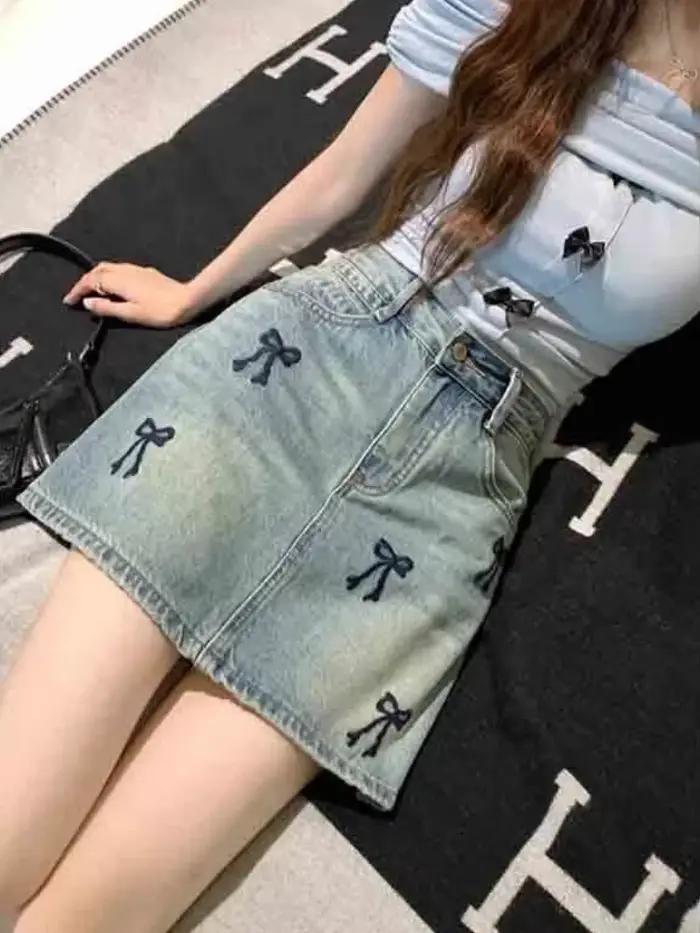 Jupe en jean brodée bleue pour femmes, taille haute, courte, Streetwear, qualité supérieure, Style coréen, Vintage Y2k