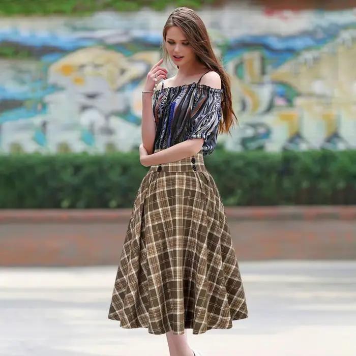 Jupe midi à imprimé écossais pour femmes, style rétro, coupe trapèze, effet amincissant, automne hiver, sortie nocturne