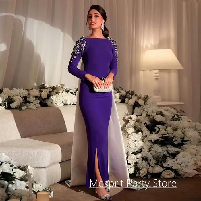 Robe de Soirée Lavande à Manches sulfet Perles de Clip, Tenue de Bal Personnalisée pour Mariage, Arabie Saoudite