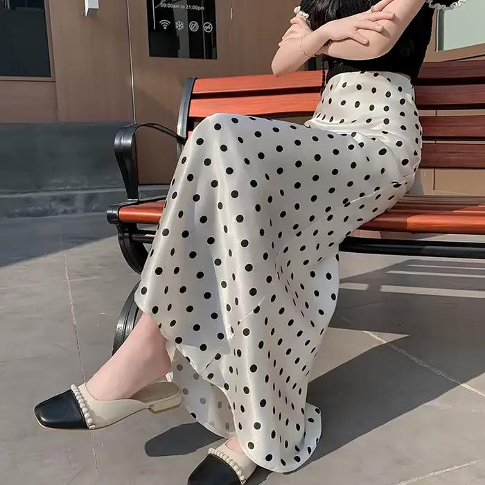 ZOCI Jupe sirène en satin à pois - Jupe mi-longue fluide et moulante taille haute flatteuse pour femme