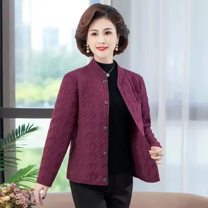 Veste courte en coton à boutonnage simple pour mère d'âge moyen, manteau mince, manches longues, chaud, document monochrome, femme, automne, hiver