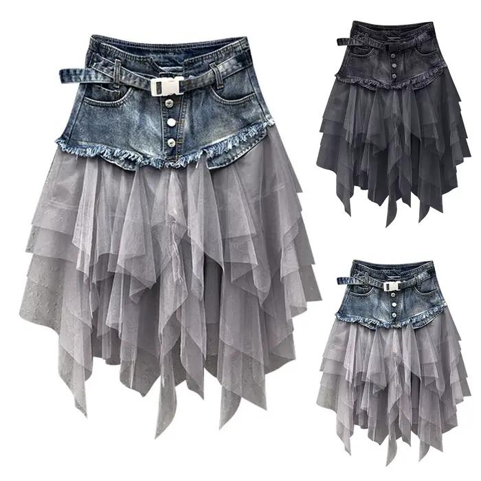 Punk femmes Denim jupes maille Patchwork Jean jupe Y2K taille haute une ligne asymétrique Tulle