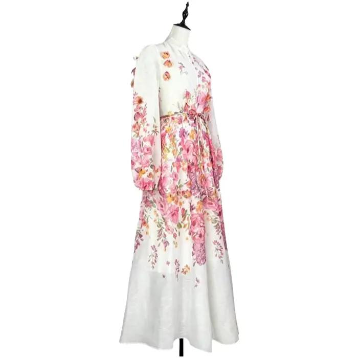 Robe longue élégante style urbain avec manches lanternes, col montant à bouton unique, imprimé floral, sensation haut de gamme pour femmes