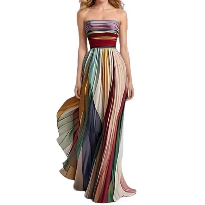 Nouvelle Robe Longue Plissée Imprimée Colorée Sexy et Élégante pour l'Été