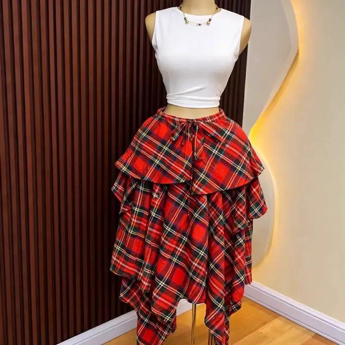 Jupes Femme Mi-longues Coupe Trapèze Taille Haute Ajustée Imprimé Carreaux Décontractées Élégantes Style Y2K Streetwear Travail Été 2026