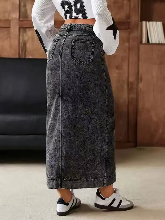 Jupe en jean gris taille haute fendue sur le devant pour femme