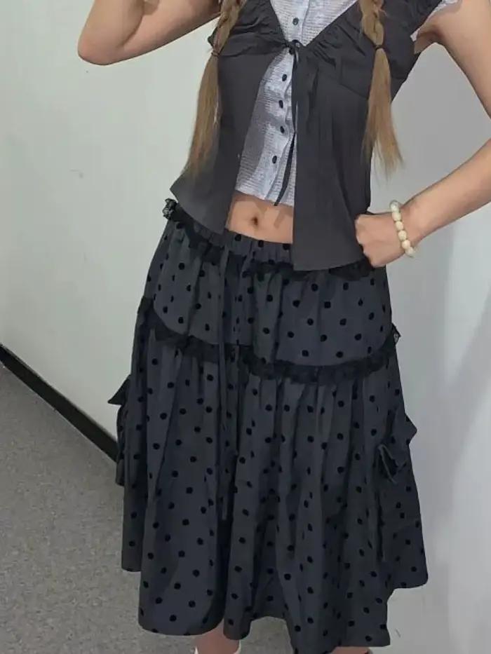 Jupes à pois pour femmes, nouveau Design gris esthétique Vintage, jupes mignonnes rétro américaines, ligne a japonaise en dentelle, vêtements populaires coréens