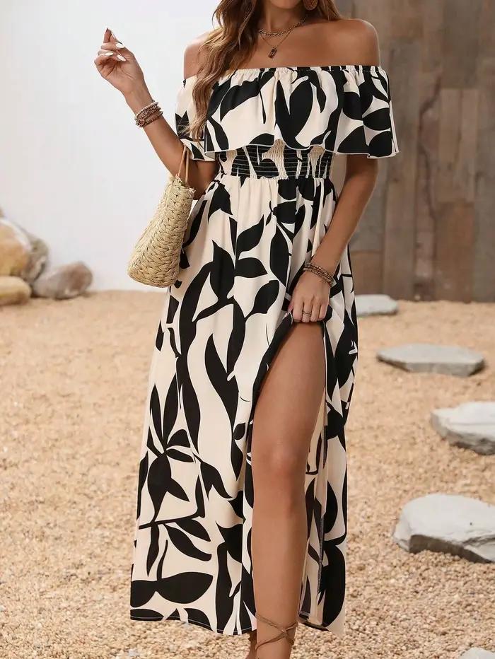 Jupe longue décontractée pour femme, taille haute, avec fente, motif floral végétal, en polyester, idéale pour l'été, les trajets quotidiens et les vacances