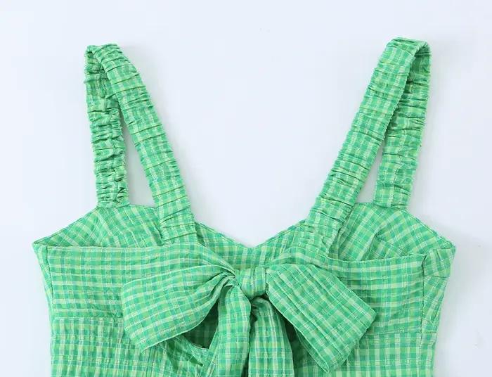 Robe mini à carreaux vichy vert pour femme - Robe d'été plissée à bretelles et col en V, Nouvelle collection été 2026