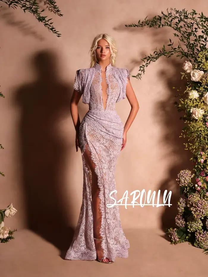 Robe de soirée sirène en dentelle lavande, col montant vintage, fente haute, robe de bal ornée de perles, élégante pour mariage, fête, gala, sur mesure