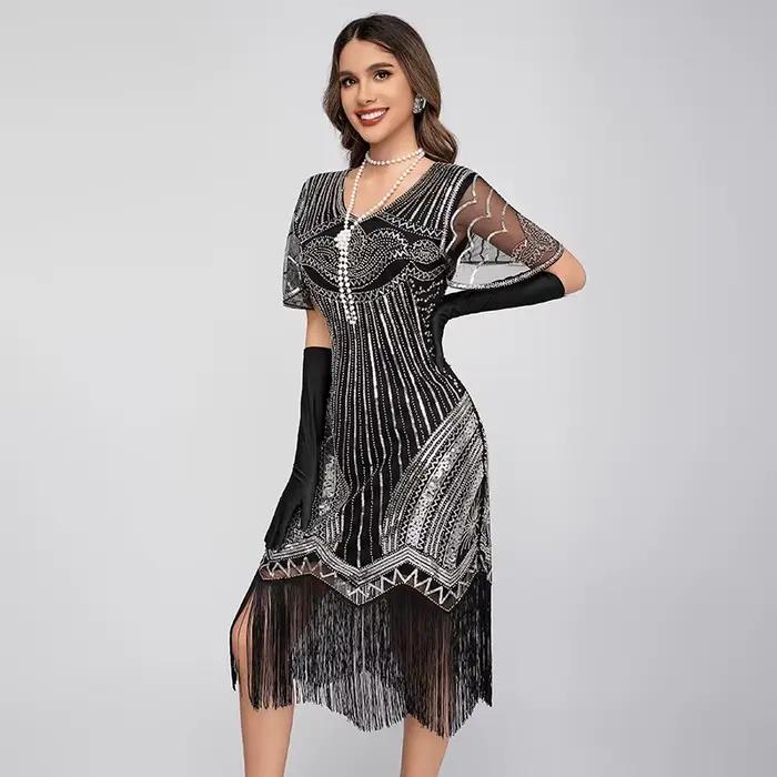 Robe Flapper Gatsby Vintage Années 20 Noire et Or à Paillettes Paon et Franges