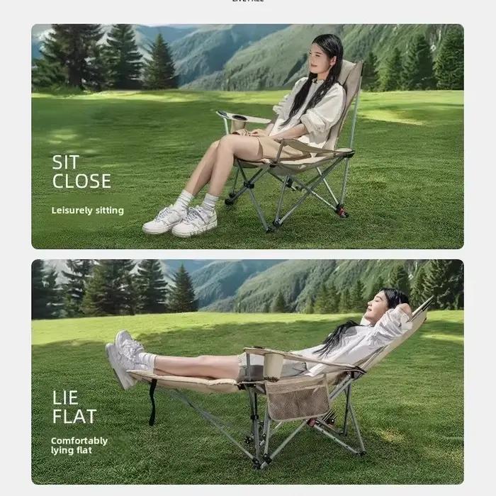Chaise longue pliante d'extérieur avec repose-pieds et appui-tête, chaise de camping pliable robuste avec porte-gobelet et poche de rangement