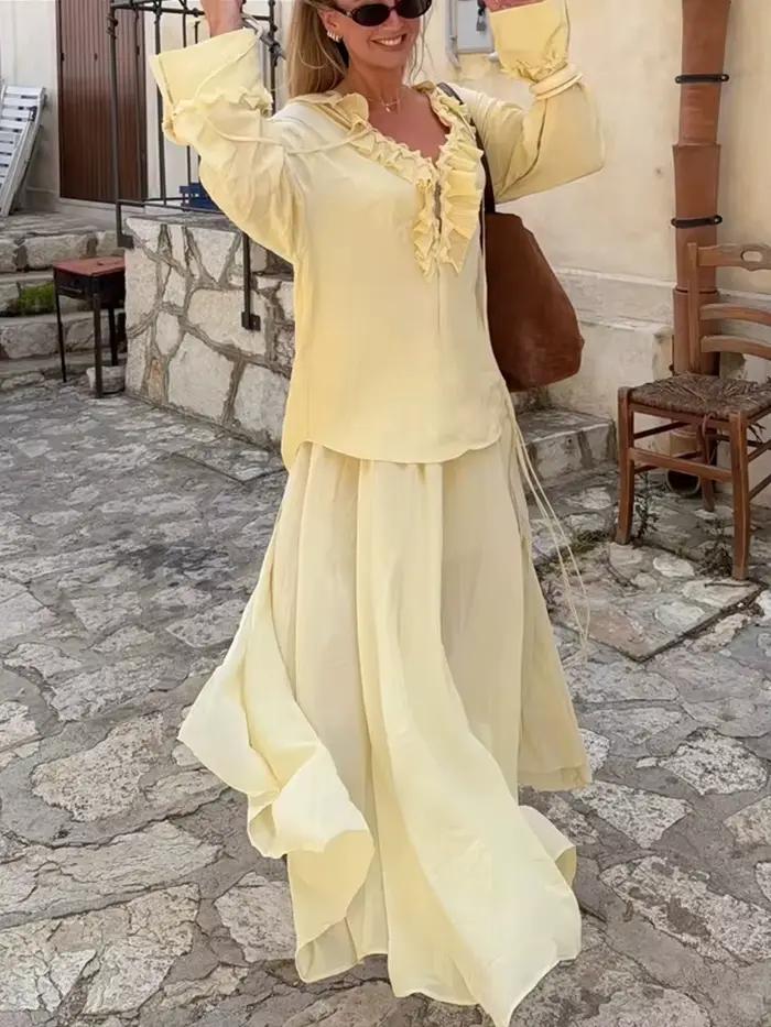 HH mode femmes jaune en mousseline de soie chemise jupe ensemble été à plusieurs niveaux décoration à lacets chemises +