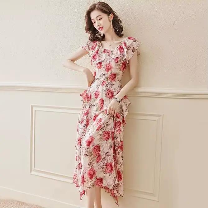 Robe florale en mousseline de soie pour femmes, nouveau Style fin, taille française, tempérament cintré, robes féeriques mi-longues à manches courtes, été