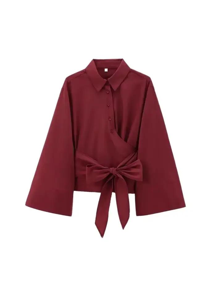 Chemisiers kimono à manches longues pour femmes avec nœud papillon, bouton avant, chemises féminines, hauts chics, à la mode
