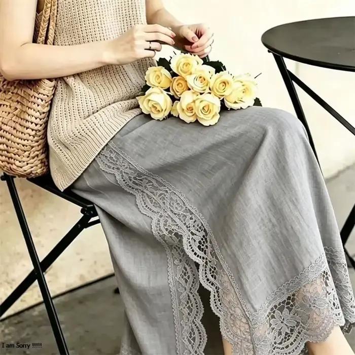 Jupe longue fendue taille haute en lin-coton pour femme