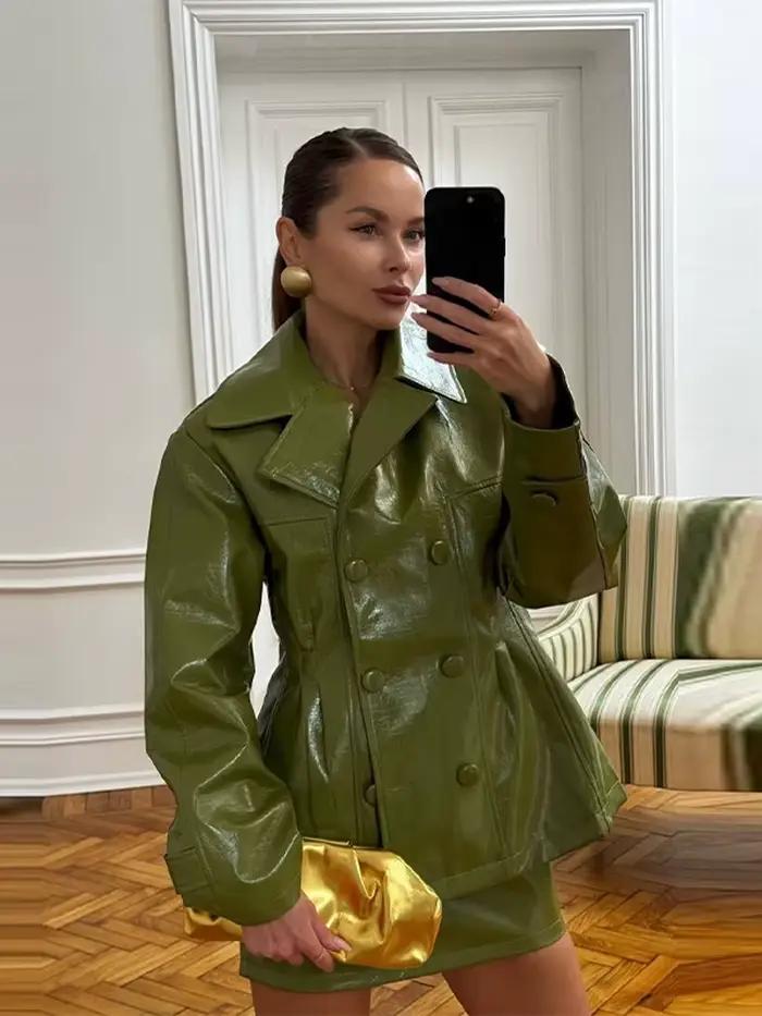 Mode femmes Faux cuir jupes ensemble col rabattu Double boutonnage taille manteau Mini jupe haute rue automne deux pièces ensembles