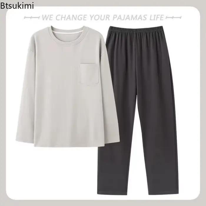 Nouvel ensemble pyjama homme 2026 – Haut à manches longues et pantalon, doux, confortable, uni, décontracté, deux pièces, pour la maison et le sommeil