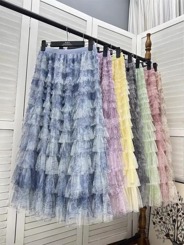 Jupes mi-longues en tulle à plusieurs niveaux – Jupe d'été trapèze à ourlet évasé en dentelle avec taille haute pour femme
