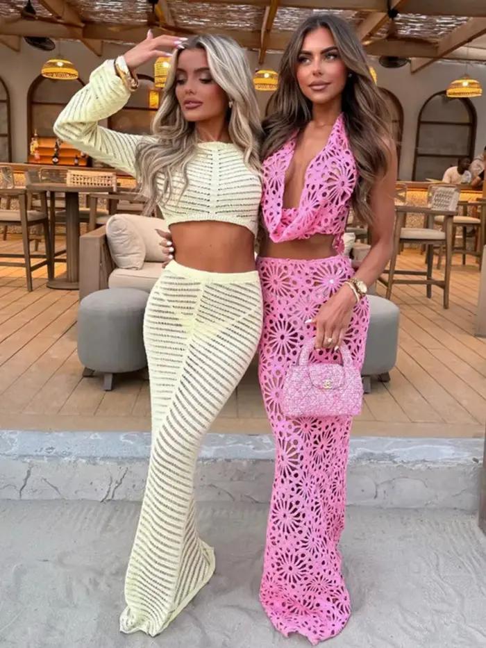 Maillot de bain jupe Cover-up 2 pièces ensemble femmes haut court et jupe Maxi maillot de bain mode solide creux Sexy plage couvrir tenues