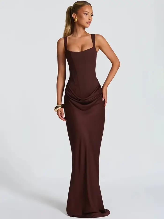 Robe Maxi froncée, dos nu, Sexy, élégante, col carré, bretelles coniques, sans manches, moulante, robe longue de soirée en boîte de nuit