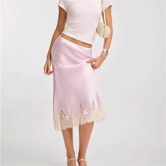 Hirigin femmes soie Satin demi Slip jupes longues dentelle Patchwork taille élastique jupe longue élégante soyeuse