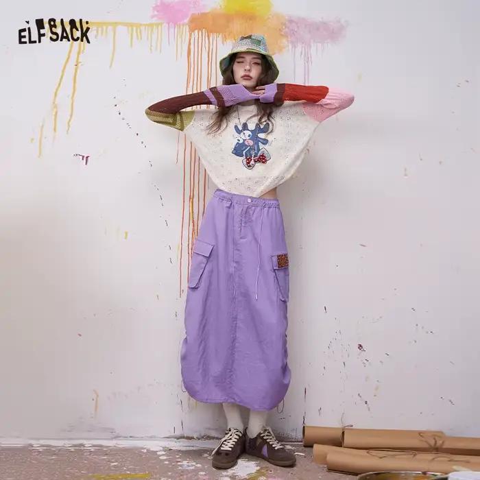 ELFSACK Jupe cargo mi-longue streetwear avec détails patchwork pour femme, jupe d'été Kawaii avec taille à cordon, tenue cool style Harajuku