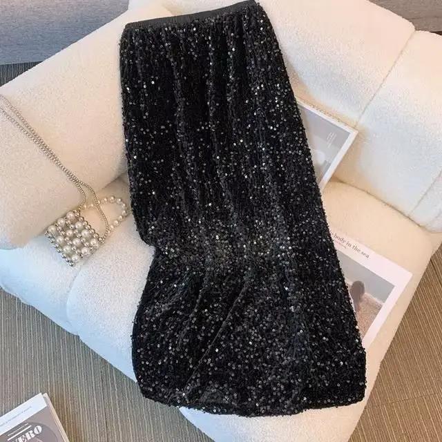 Jupe Maxi Faldas Mujer Vintage tempérament noir velours paillettes jupes Юбка