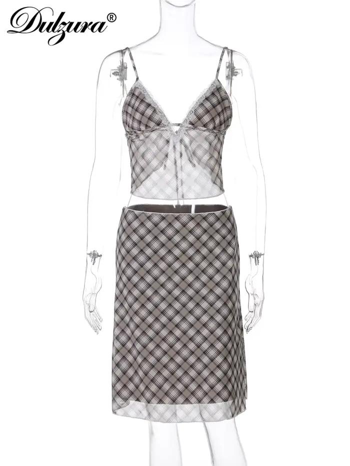 Dulzura femmes taille haute mince Plaid imprimé maille jupe Midi mode Sexy