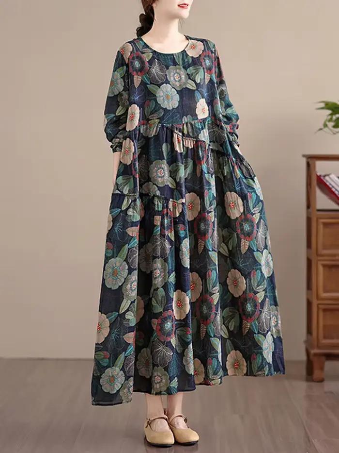 Coton à manches longues imprimé robes Vintage femmes 2025 printemps automne décontracté robe longue ample bureau dame robes vêtements élégants