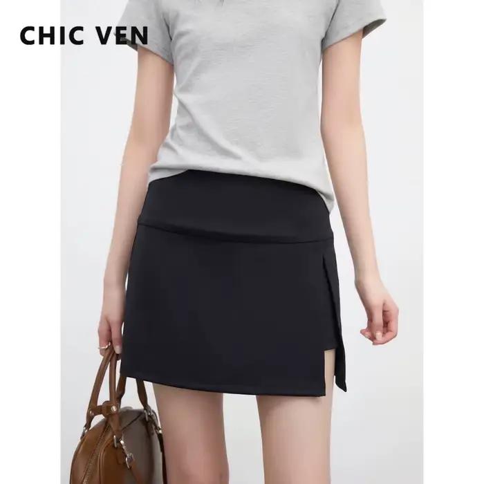 CHIC VEN Nouvelle Jupe Femme Coupe Trapèze Noire Fendue