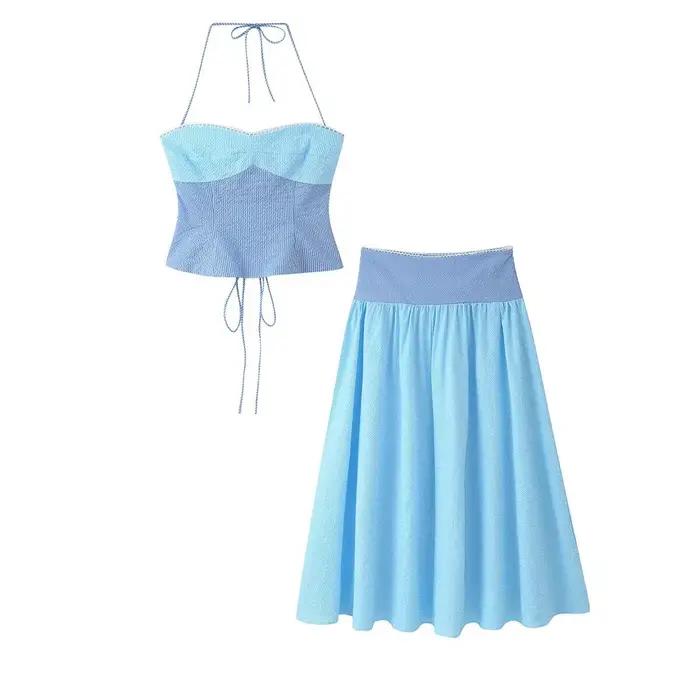 Ensemble chic rayé jupe et haut pour femme débardeur halter sans manches slim jupe longue tenue de plage vacances d'été 2026