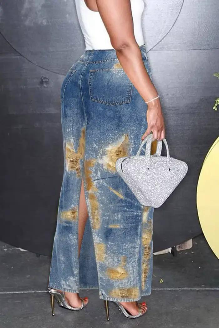 Jupe longue en denim vintage pour femmes grandes tailles avec revêtement métallique bleu poches taille haute silhouette droite style slip occassions spéciales