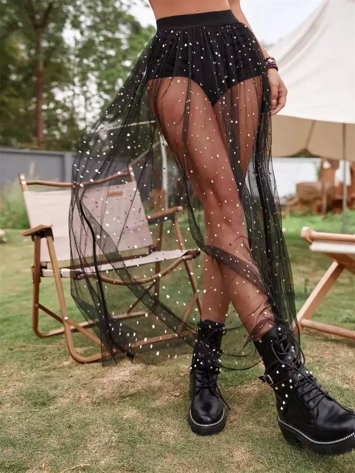 Jupe ample pailletée maille polyester et viscose pour femmes, style coréen brillant, idéale pour les soirées estivales et les occasions spéciales
