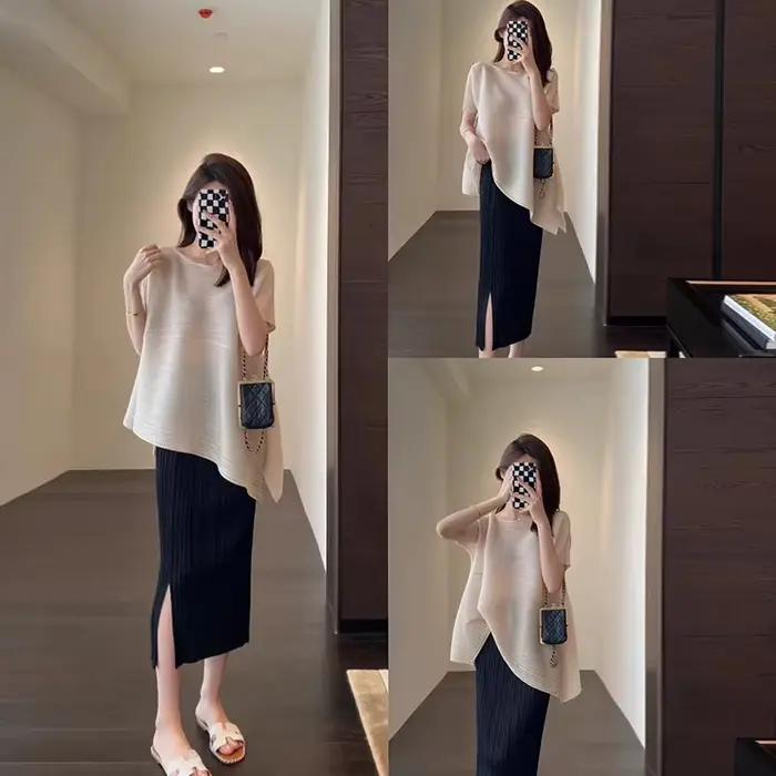 Haut plissé monochrome avec ourlet alertes onal, demi-jupe ronde, grande taille, vêtements d'été confortables, mode tempérament, nouveau, 2024