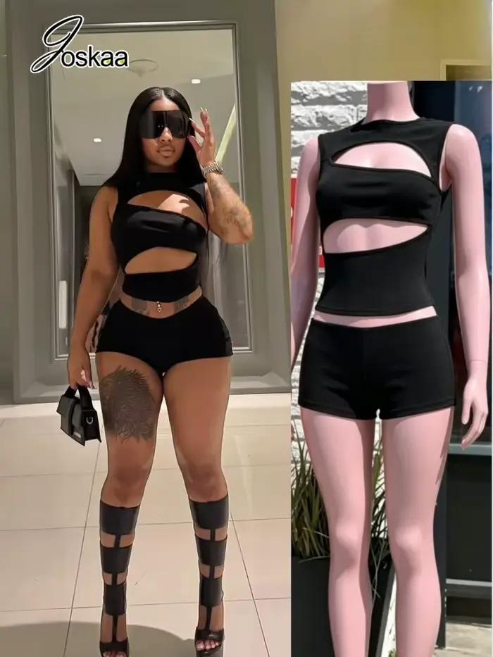 Ensemble décontracté côtelé 2 pièces Joskaa pour femme – Nouveauté été 2026 – Débardeur sexy ajouré + short assorti – Tenue de plage et streetwear