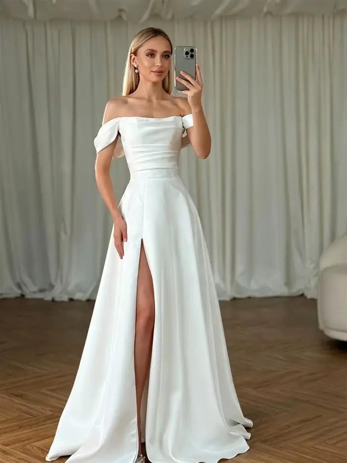 Robes de mariée simples en satin pour femmes, robes de mariée longues à épaules dénudées avec fente, robe de mariée élégante, personnalisée