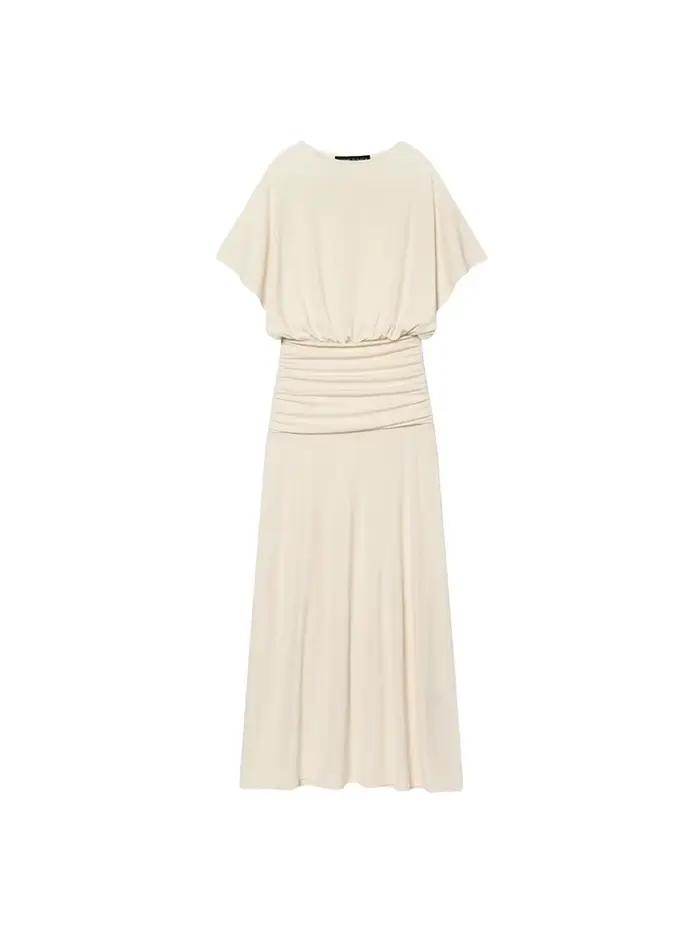 Robe longue plissée à manches courtes pour femme TFMLN, nouvelle mode, taille cintrée, décontractée et élégante, couleur unie