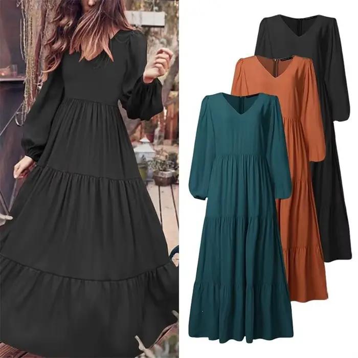 Robe midi élégante à manches longues style urbain pour femme, collection automne, en tissu polyester marron et noir, col rond, avec large ourlet
